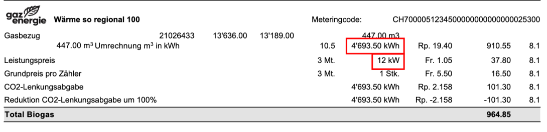 Ausschnitt einer Gasrechnung: markiert sind der Verbrauch in kWh in der Zeile «Gasbezug» und die Leistung in kW in der Zeile «Leistungspreis».